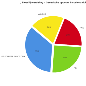 Taartdiagram met de bloedlijnverdeling van een Barcelona-duif: Donkere Barcelona 35%, Pijl 25%, Figo 20% en Arnold 20%. Visualisatie van de genetische opbouw met focus op marathonlijnen.