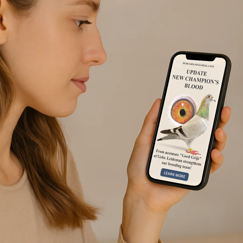 Smartphone mockup met afbeelding van nestmate “Goed Grijs” van Gebr. Leideman, moderne kampioensbloed versterkt kweekbestand Burggraaf Global.